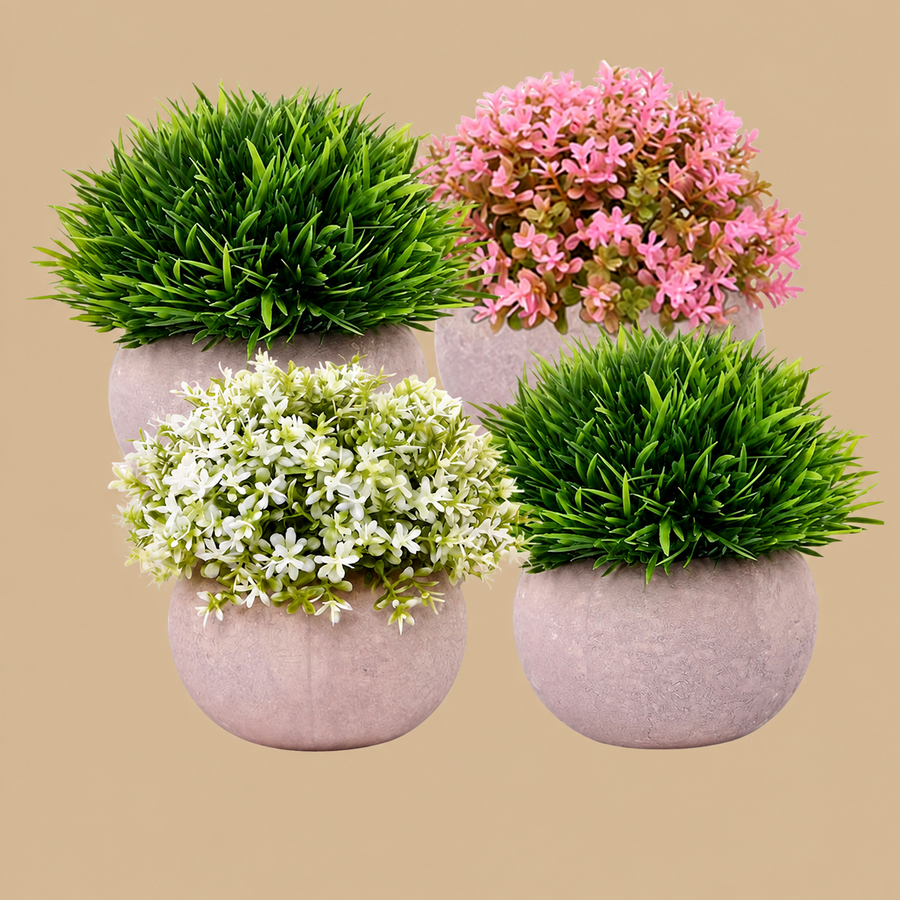 Small Artificial Potted Plant -  White + Pink  + 2 Green
