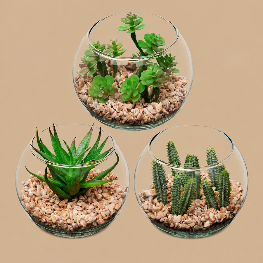 Small Artificial Dark Green Succulent Plants in Geometric Glass Pots – Set of 3