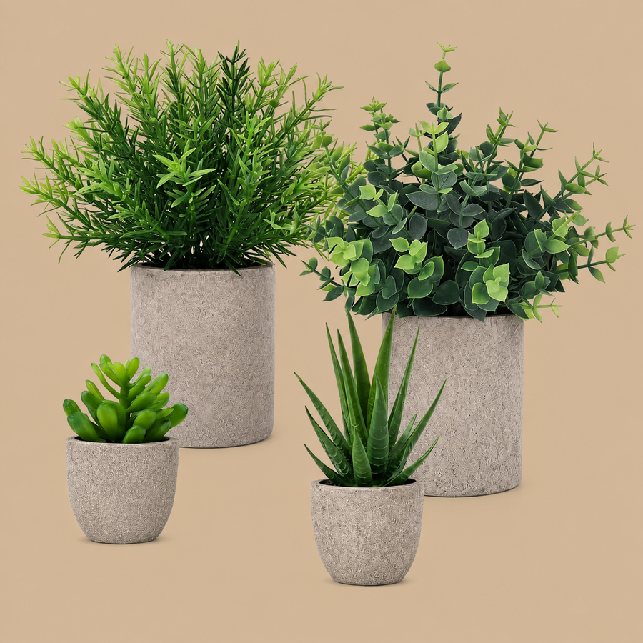 Artificial Eucalyptus, Rosemary & Succulent Plants in Paper Pulp Pots – Set of 4