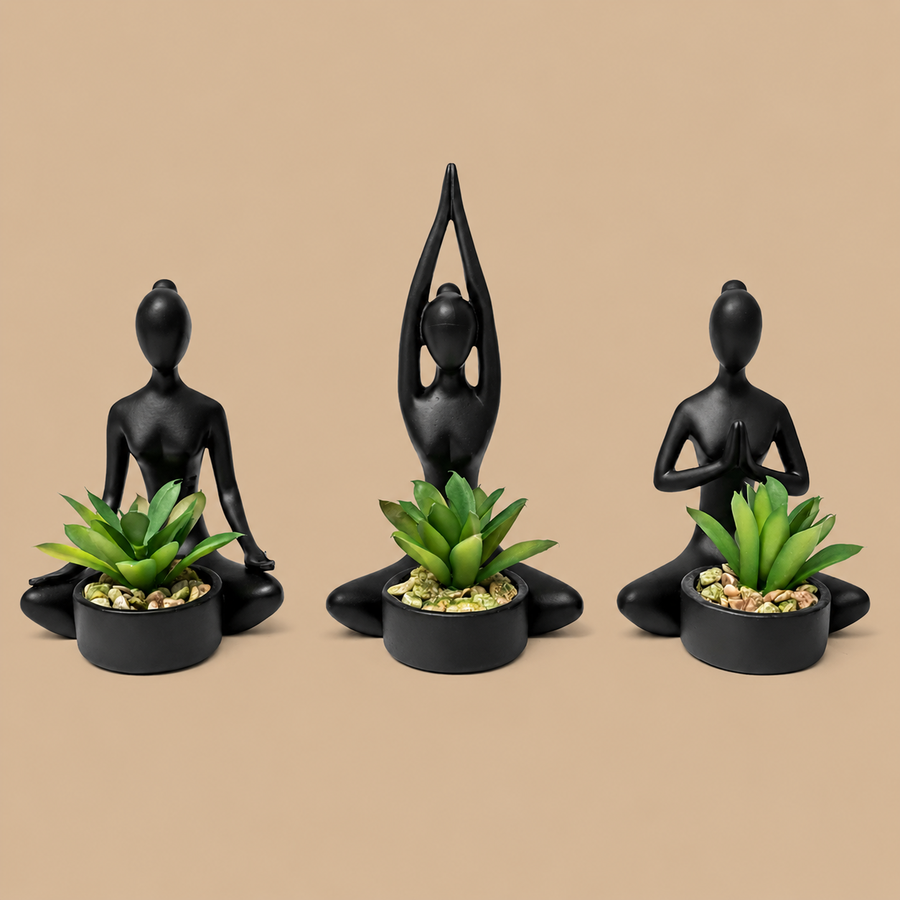Black Yoga Figurine Plant Pots with Artificial Succulents – Set of 3