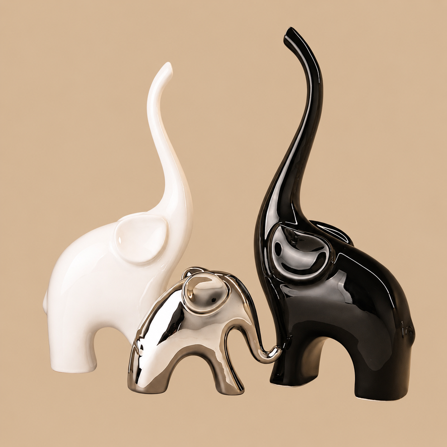 White, Black & Silver Ceramic Elephant Statues – Set of 3
