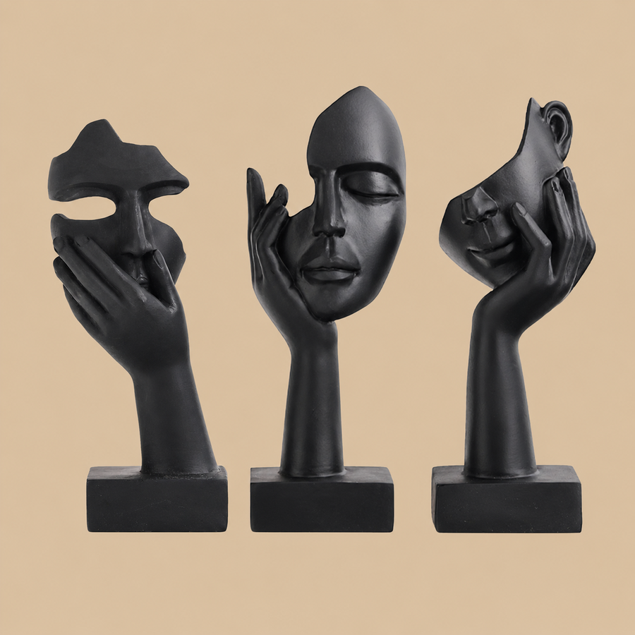 Black Abstract Woman Face Statues – Set of 3