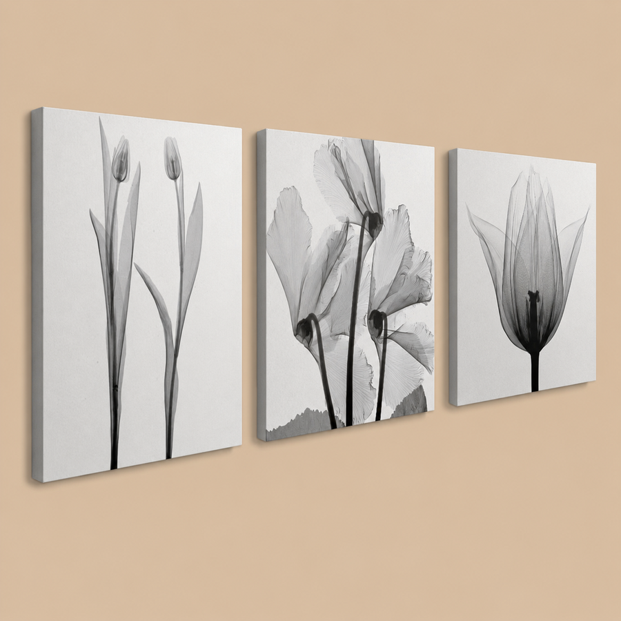 Grey Floral Canvas Wall Art – Set of 3, 30 x 40cm (H004)