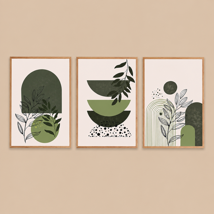 Abstract Green Geometry Wall Art Prints – Set of 3