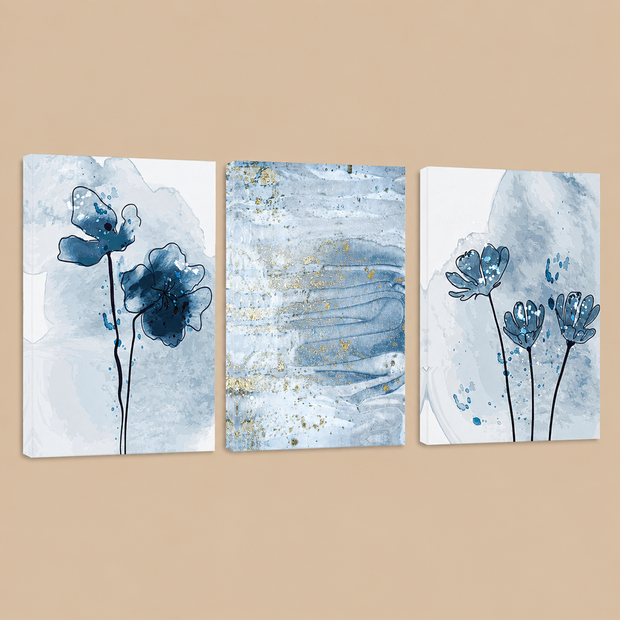 Blue & Gold Abstract Framed Canvas Wall Art – Set of 3, 30 x 40cm