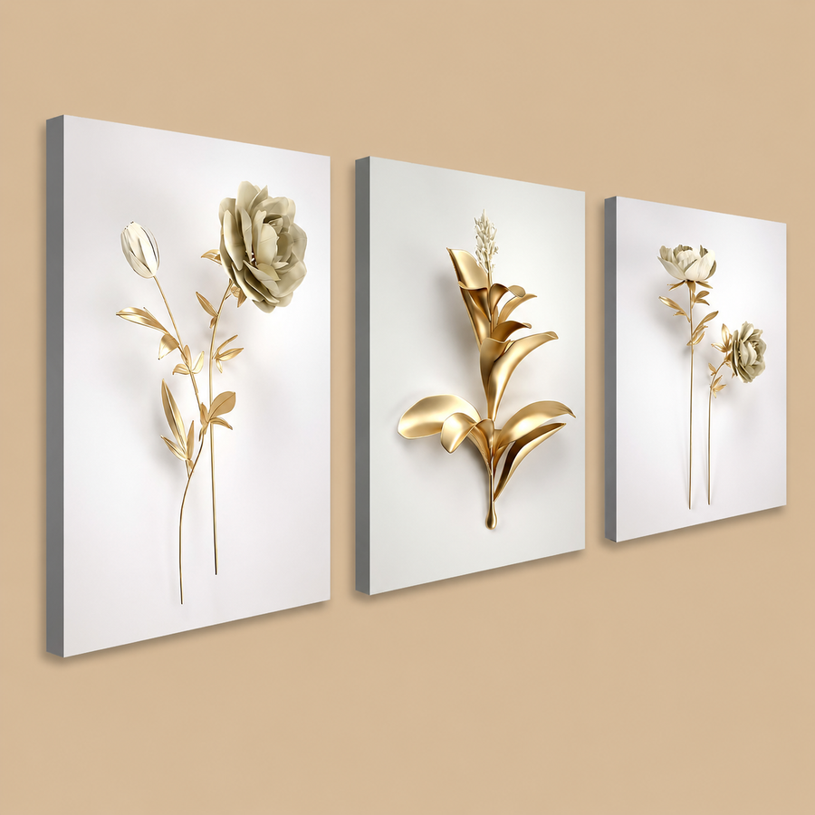 Gold 3D Flowers  214 Canvas Wall Art – Set of 3, 12 x 16 Inch
