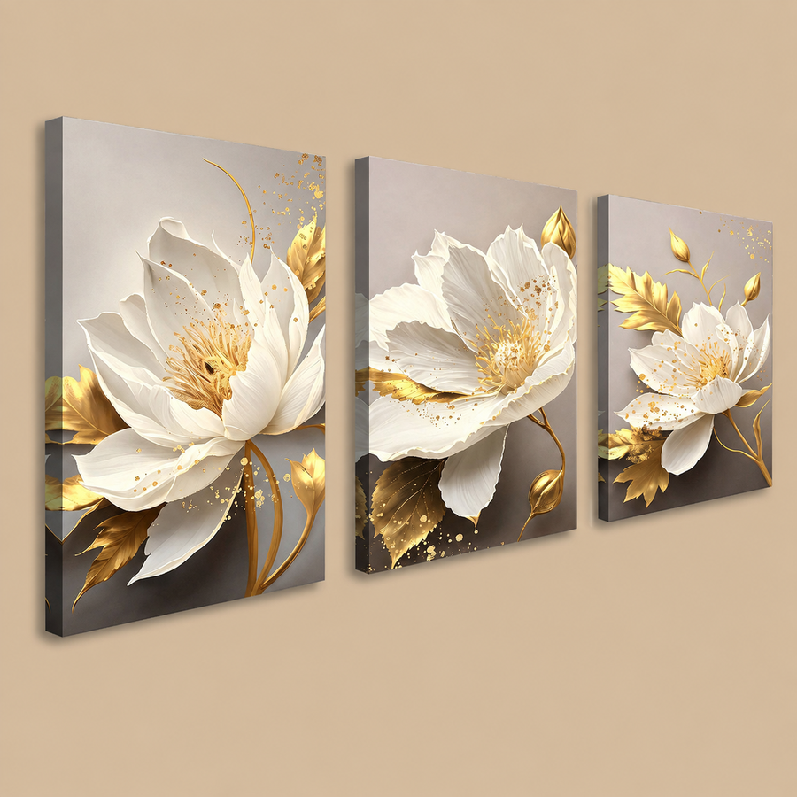 White & Gold 3D Flowers BK217 Canvas Wall Art – Set of 3, 12 x 16 Inch