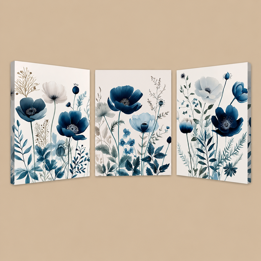 Blue Flowers Framed Canvas Wall Art – Set of 3, 12 x 16 Inch