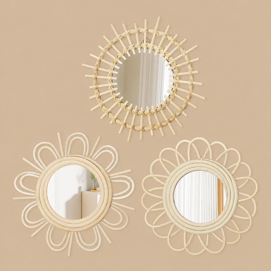 Rustic Round Rattan Wall Mirrors – Set of 3
