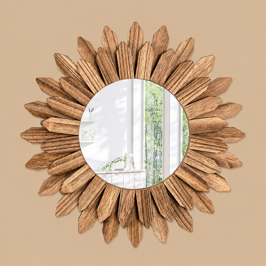 Carbonized Rustic Brown Wood Sunburst Wall Mirror – 30cm