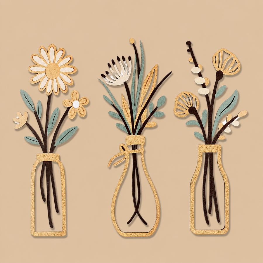 Yellow Iron Vase & Flower Wall Art – Set of 3