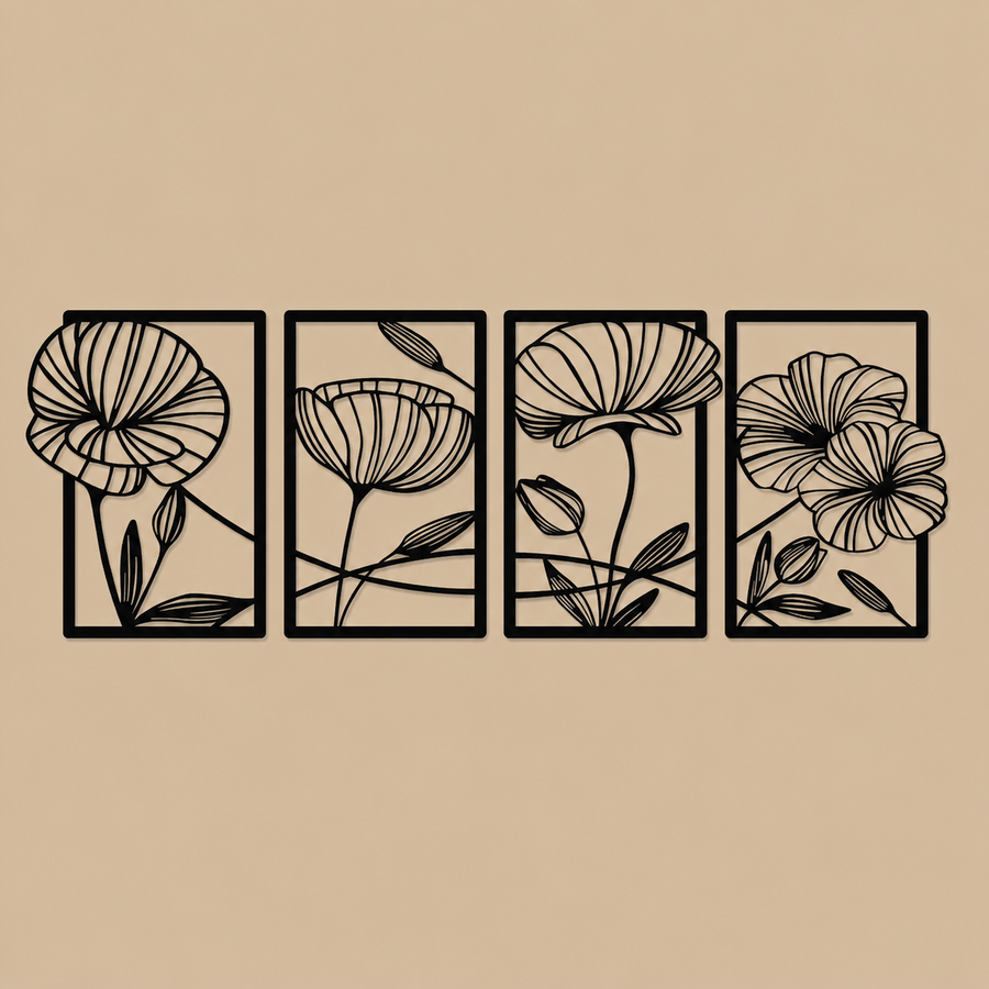 Black Lotus Wooden Wall Art – Set of 4, 42 x 26cm
