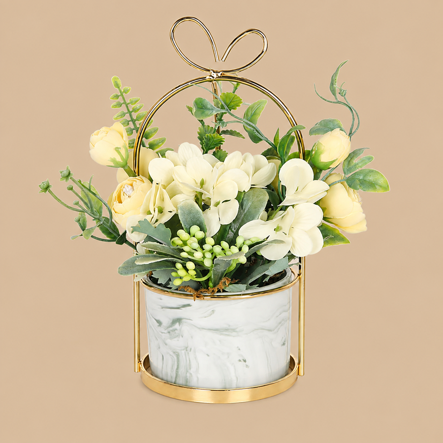 Yellow Artificial Hydrangea & Chrysanthemum Floral Arrangement with Marble Pot