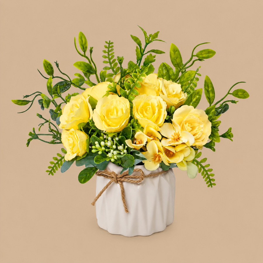 Yellow Artificial Silk Rose Arrangement with Vase