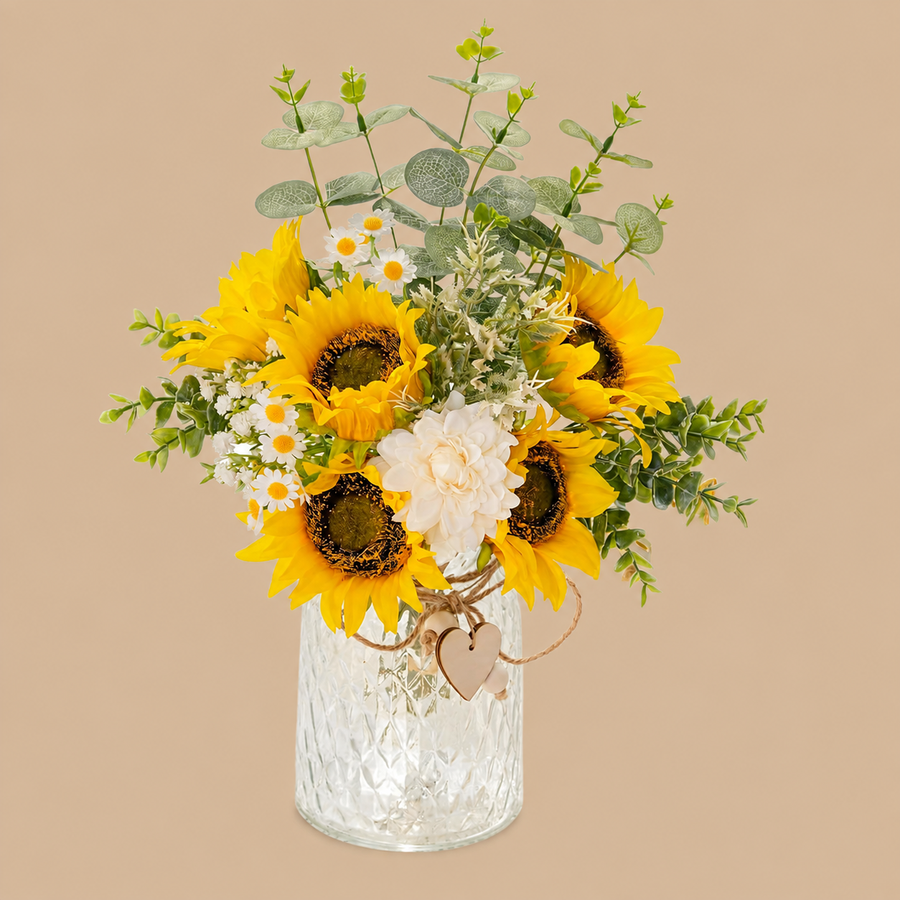 Yellow Sunflower & White Dahlia Artificial Flower Arrangement with Vase