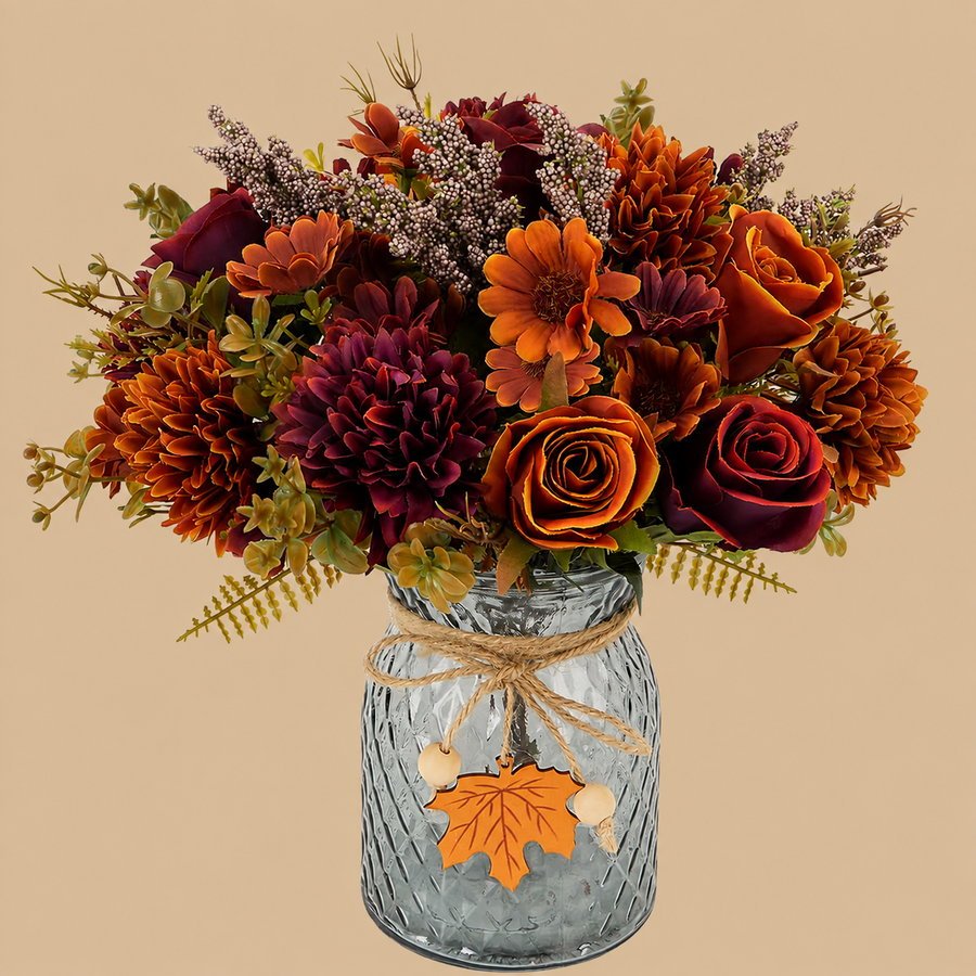 Autumn Artificial Rose & Hydrangea Arrangement with Glass Vase – 3 Pieces