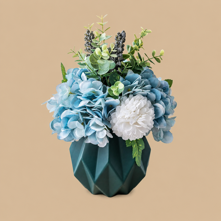 Navy Blue Artificial Hydrangea Flower Arrangement with Ceramic Vase