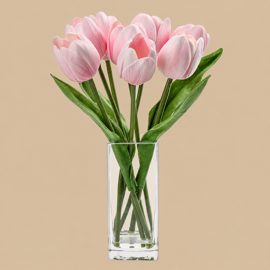 Pink Artificial Tulip Arrangement with Glass Vase – 8 Pieces
