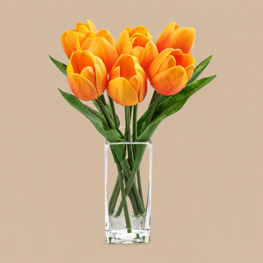 Orange Artificial Tulip Arrangement with Glass Vase – 8 Pieces