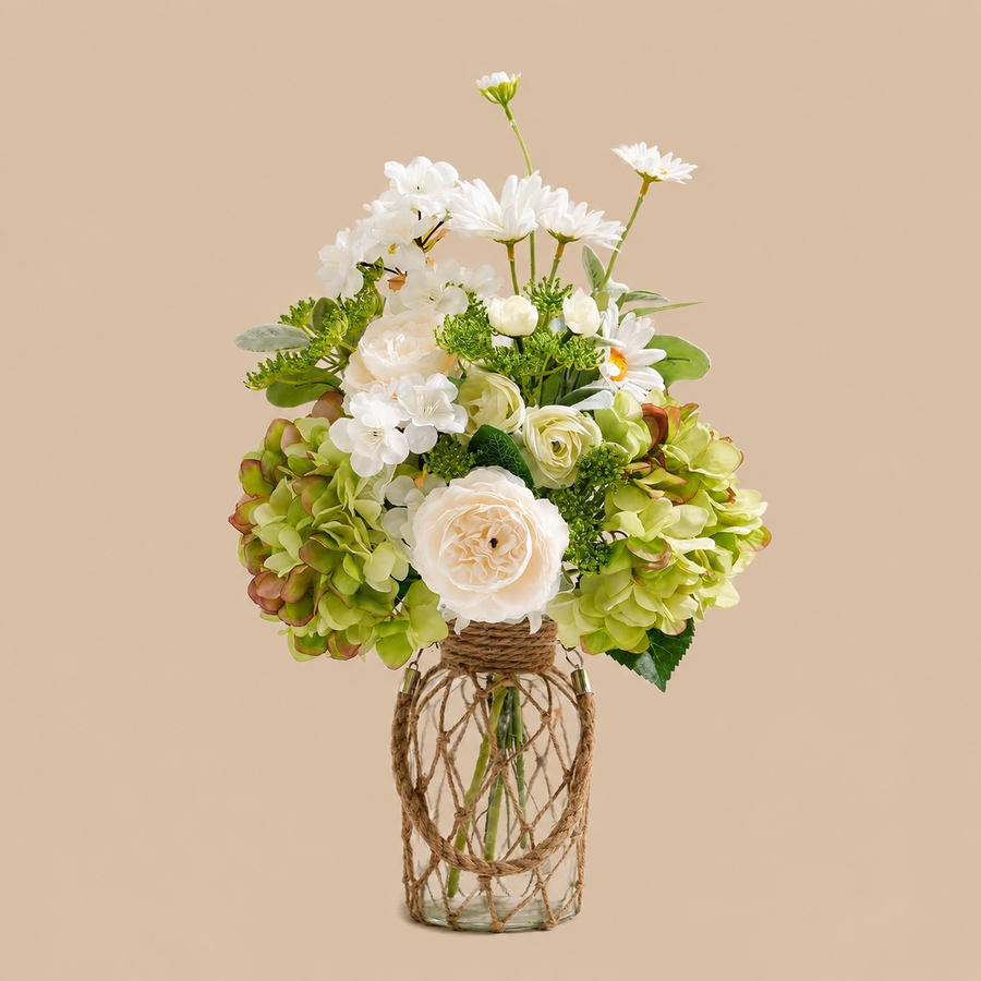 White & Green Artificial Hydrangea & Dusty Miller Arrangement with Clear Vase