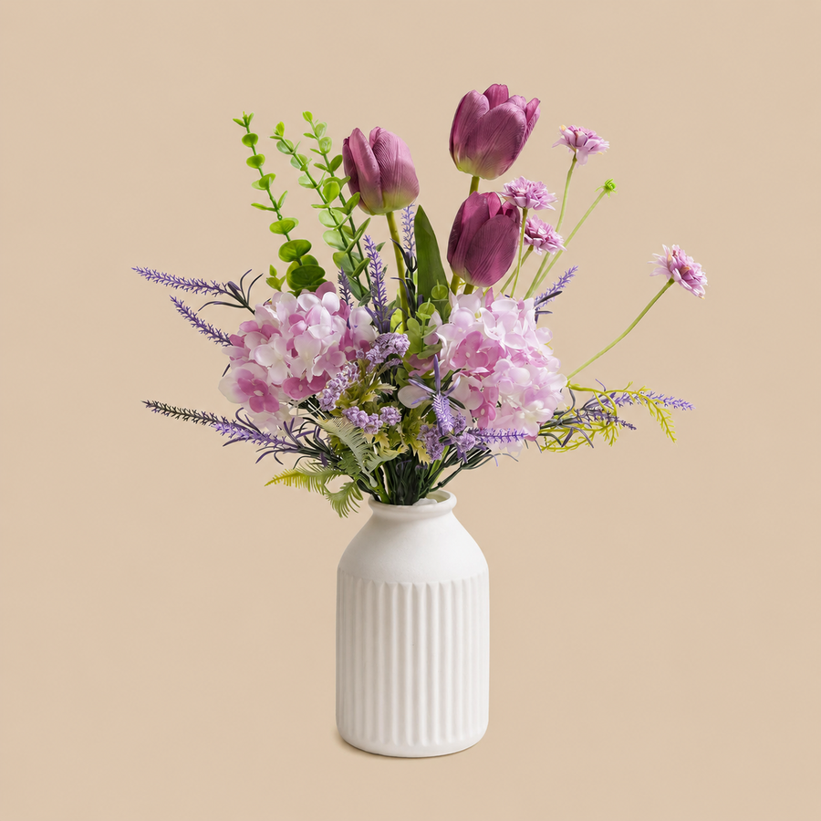 Purple Artificial Silk Tulip Arrangement with Ceramic Vase