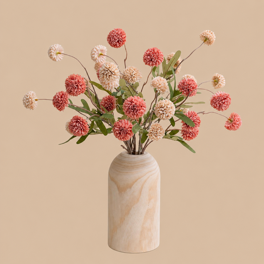 Beige & Pink Artificial Dandelion Flower Arrangement with Wooden Vase – 7 Pieces