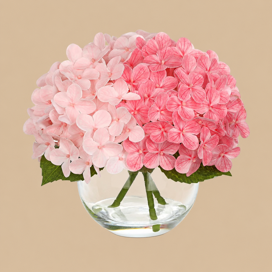 Pink Real-Touch Artificial Hydrangea Arrangement with Glass Vase – 7 Inch