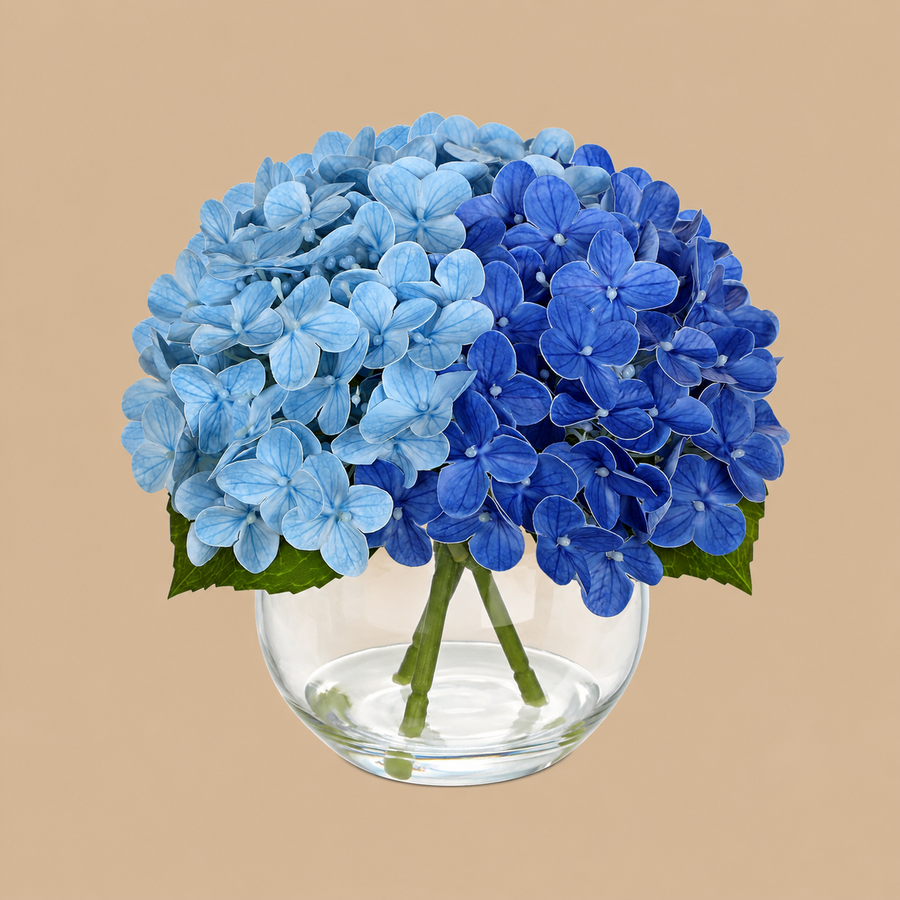 Blue Real-Touch Artificial Hydrangea Arrangement with Glass Vase – 7 Inch