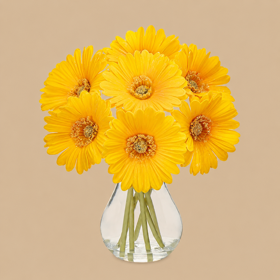 Yellow Artificial African Daisy Arrangement with Glass Vase – 7 Pieces