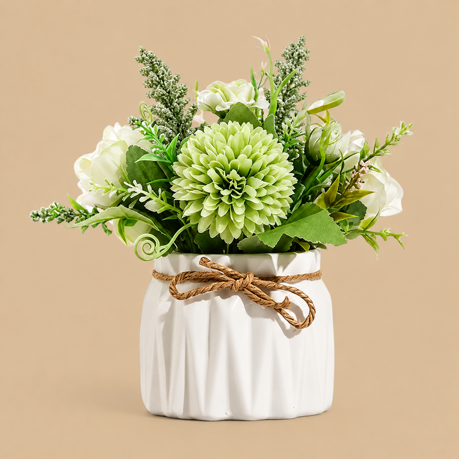 Green Artificial Hydrangea & Rose Arrangement with Vase