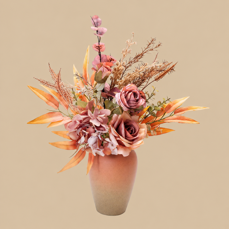 Autumn Artificial Rose & Hydrangea Arrangement with Vase