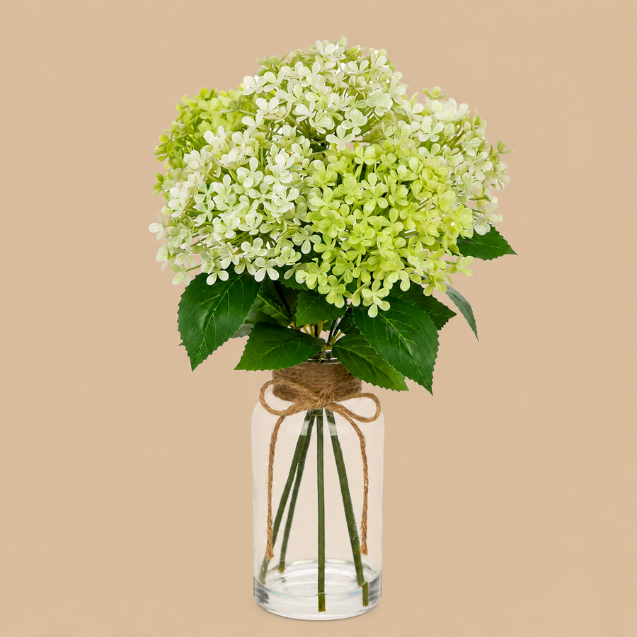 Green  White Artificial Hydrangea Arrangement with Glass Vase – 13.8 Inches