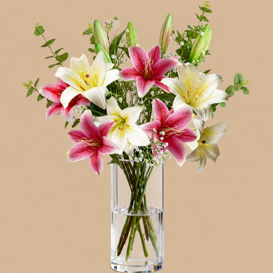 White & Pink-Lily Artificial Lily Bouquet with Vase – Long Stem