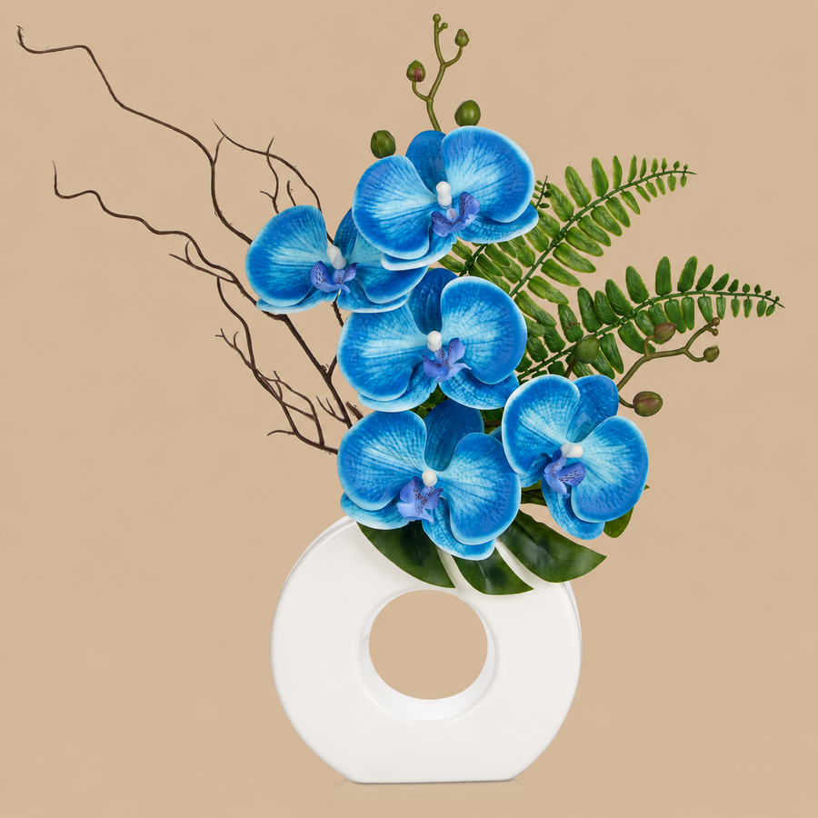 Blue Artificial Orchid Arrangement with White Ceramic Vase – 41cm