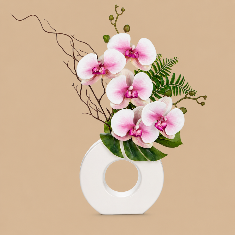 Pink Artificial Orchid Arrangement with White Ceramic Vase – 41cm