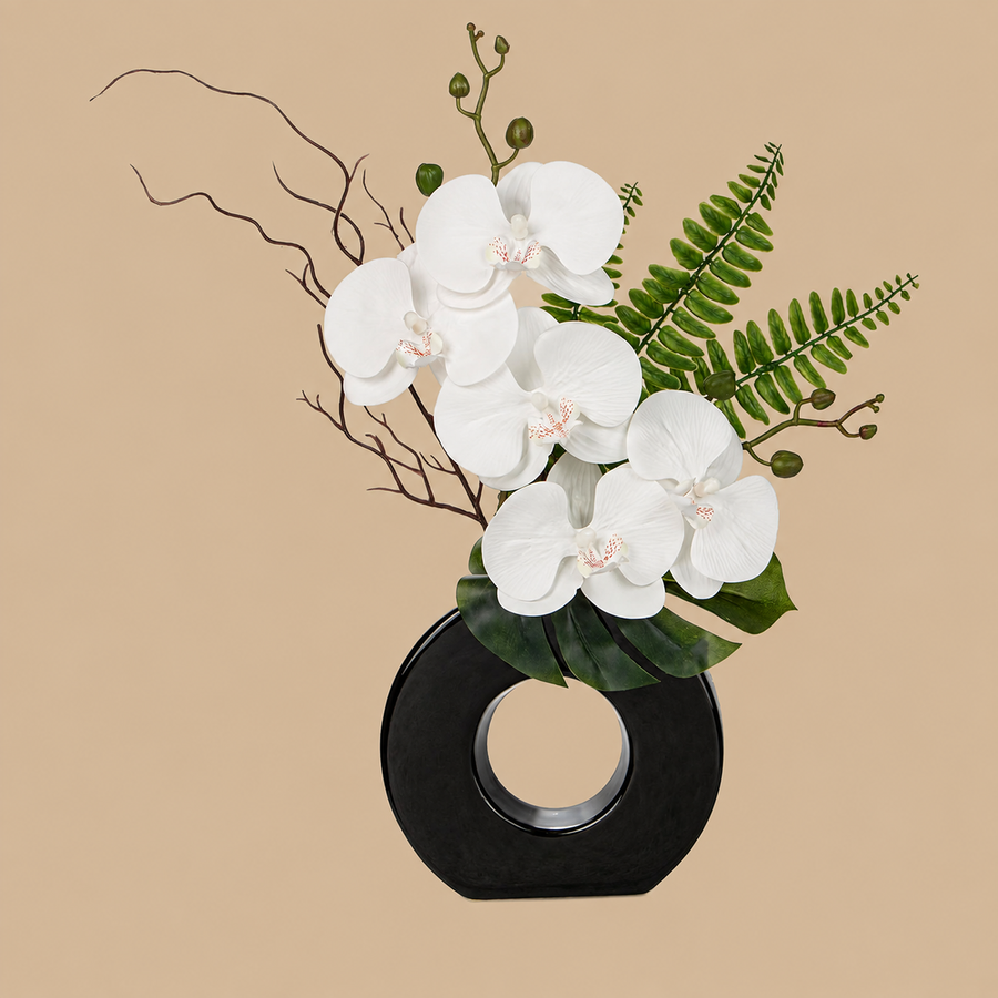 White Black Artificial Orchid Arrangement with Black Ceramic Vase – 41cm