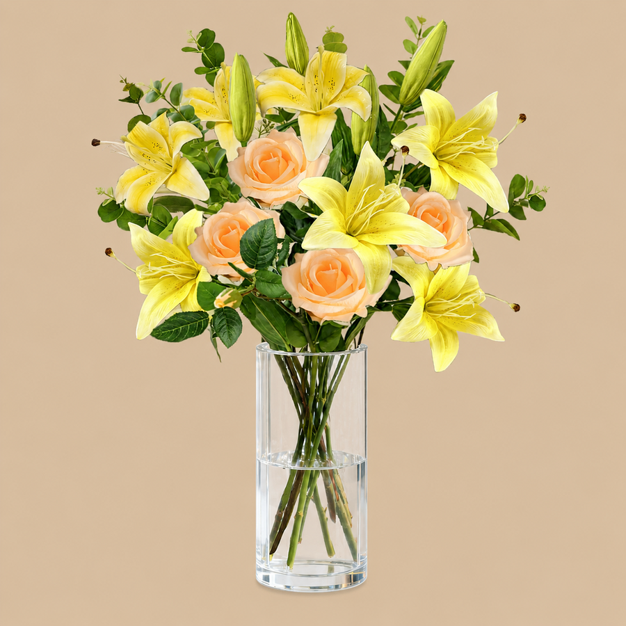 Yellow- Lily & Rose Artificial Lily Bouquet with Vase – Long Stem