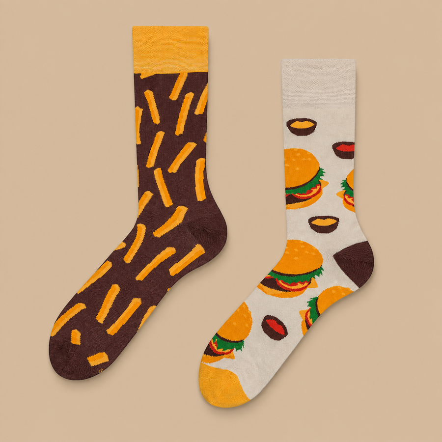 Burgers & Chips Themed Mismatched Style Socks
