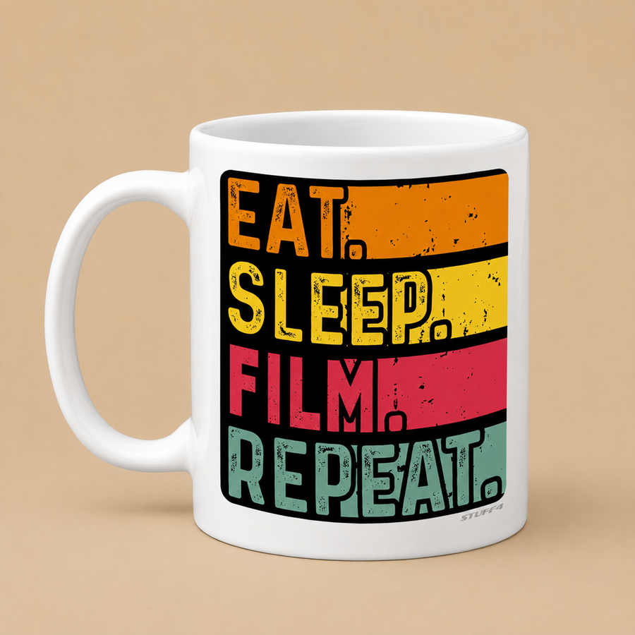 “EAT. SLEEP. FILM. REPEAT.” Ceramic Mug
