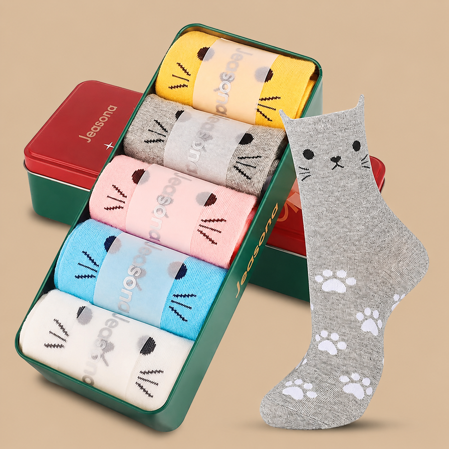 5 Pairs Cotton Socks With Gift Box - Cat Print