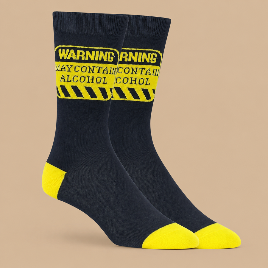 "WARNING: MAY CONTAIN ALCOHOL" Funny Men's Crew Socks