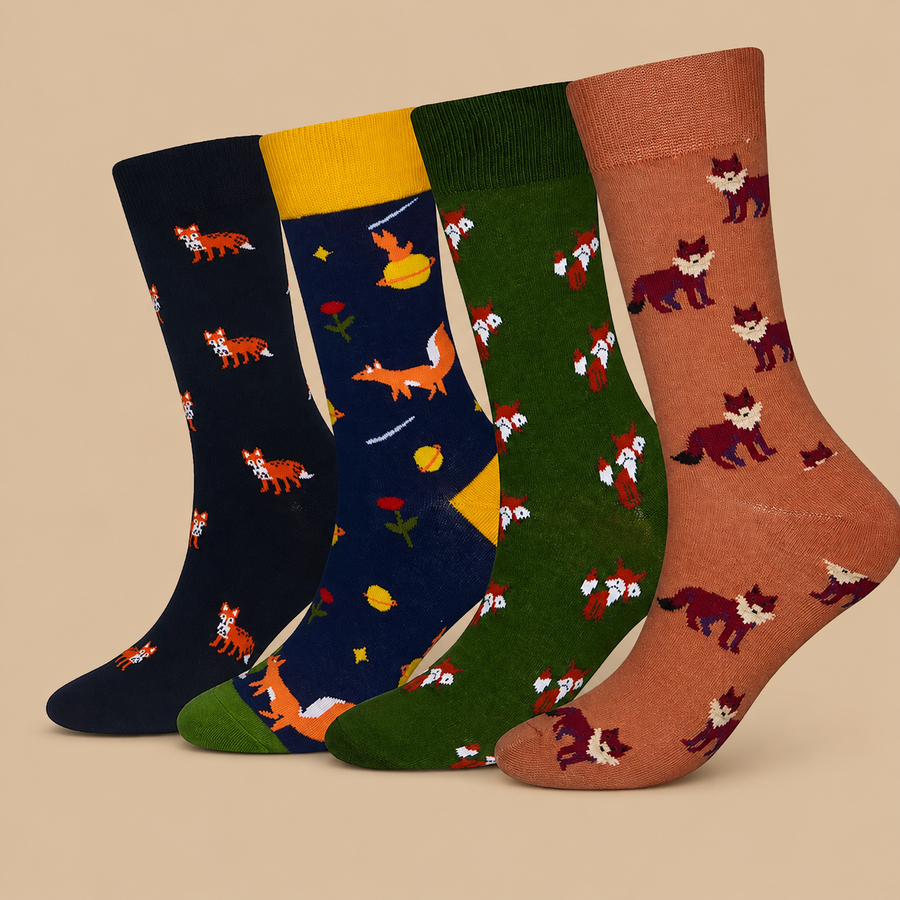 4 Pairs Multicolored Fox Themed Crew Socks for Men