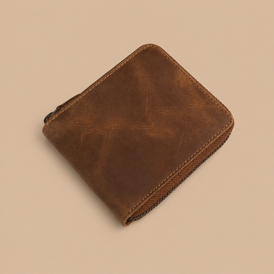 Willys Wallets Rustic Brown Bifold Zip-Around Leather Wallet RFID