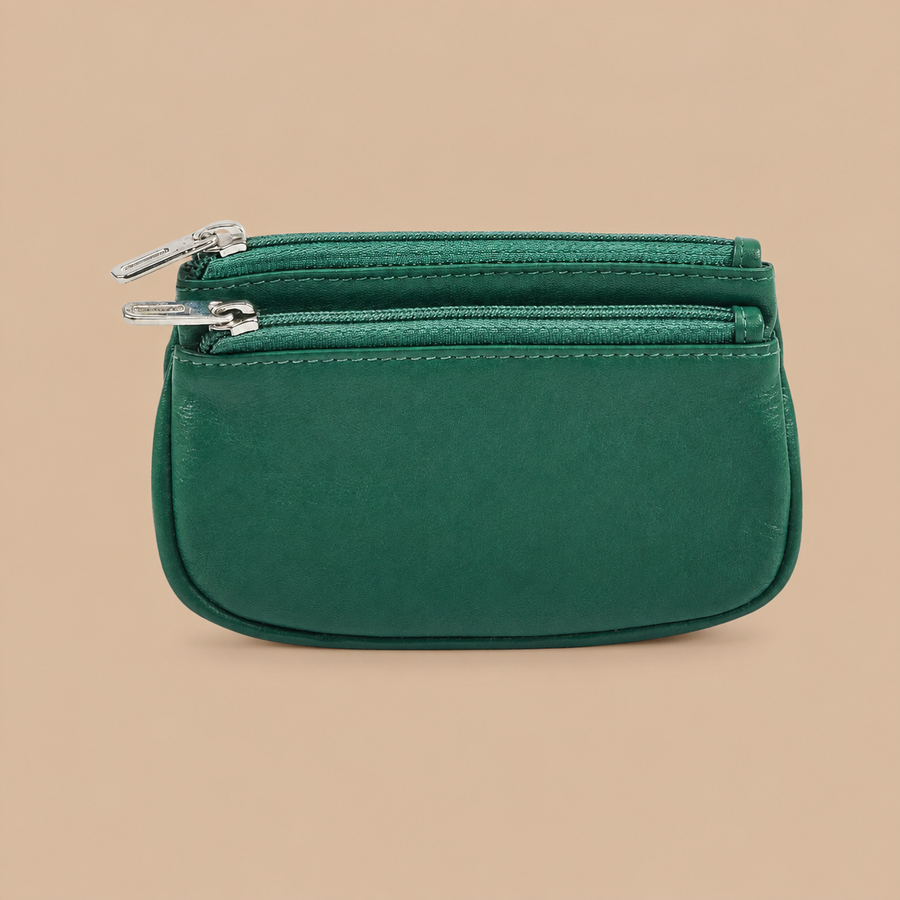 PrimeHide Women's Real Leather Double Zip Coin Purse - Green
