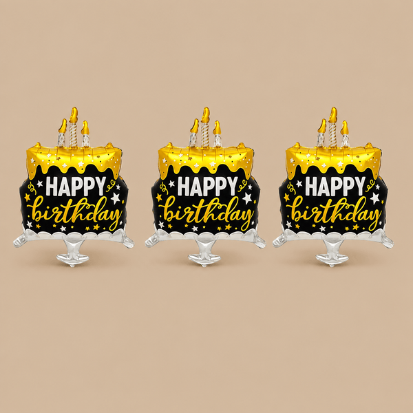 Black & Gold Birthday Cake Happy Birthday Balloons – 3 Piece