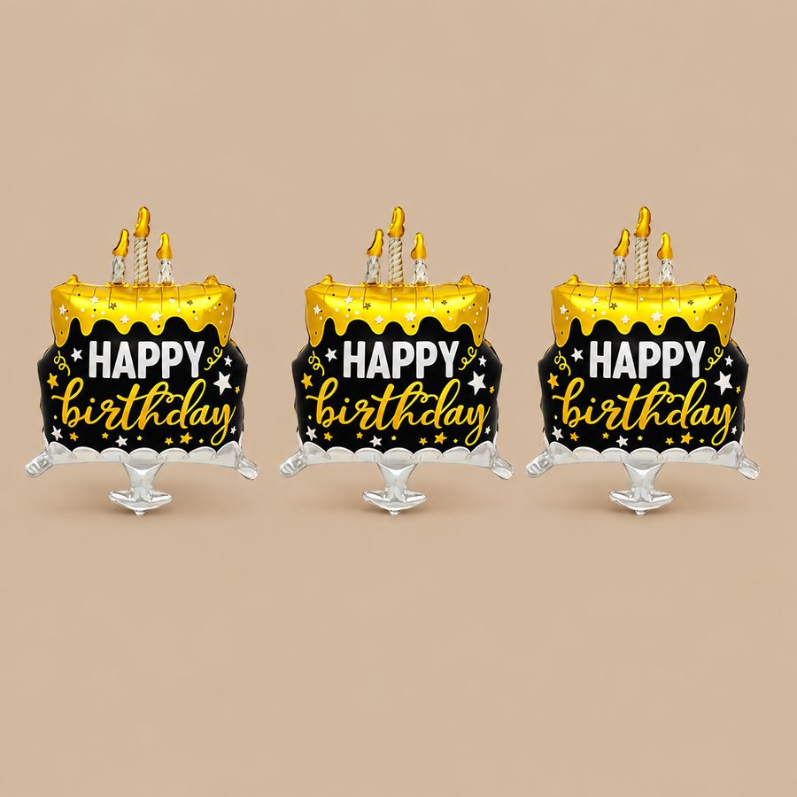 Black & Gold Birthday Cake Happy Birthday Balloons – 3 Piece