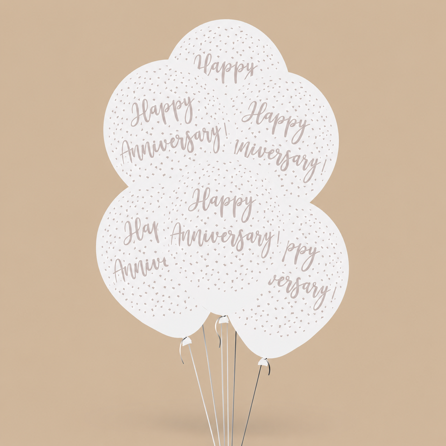 White Happy Anniversary Balloons – 6 Pack