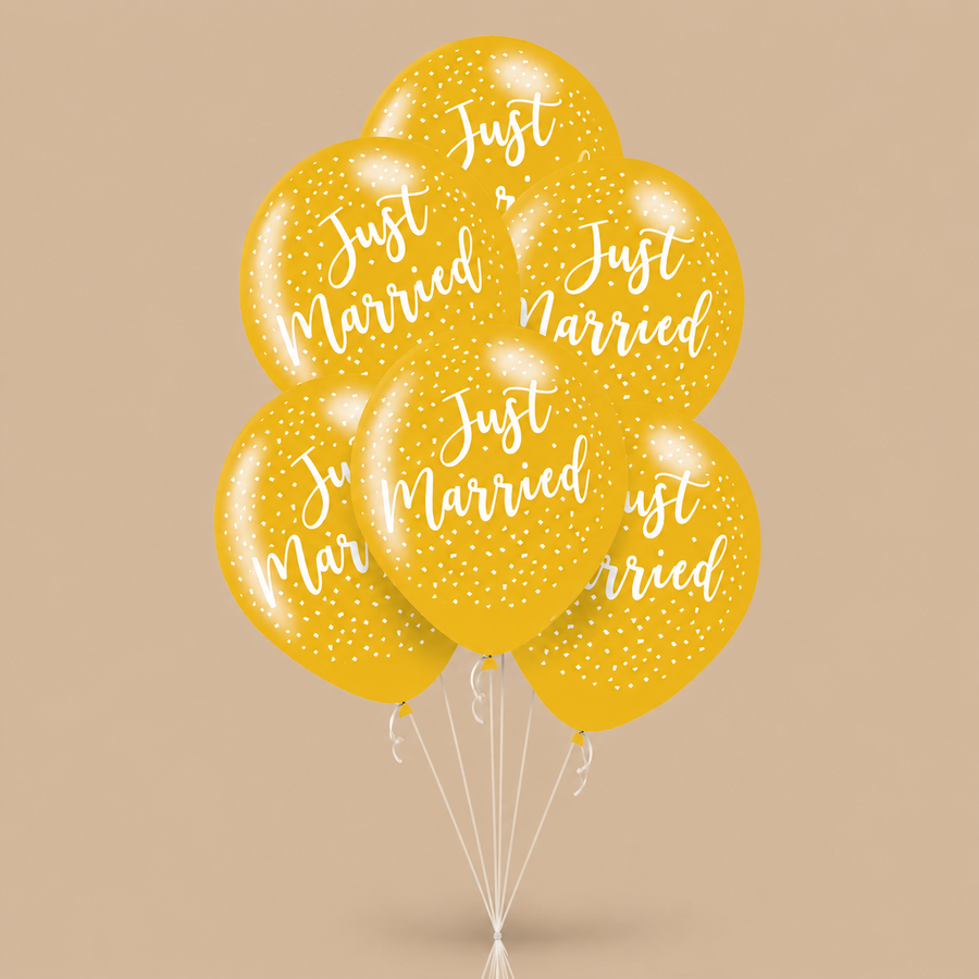 Gold “Just Married” Latex Balloons – 6 Pack