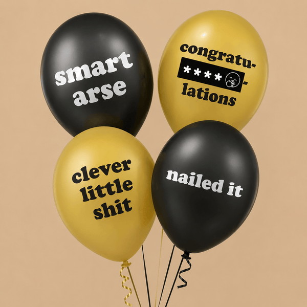 Black & Gold Congratulations / Well Done Funny Balloons – 12 Pack