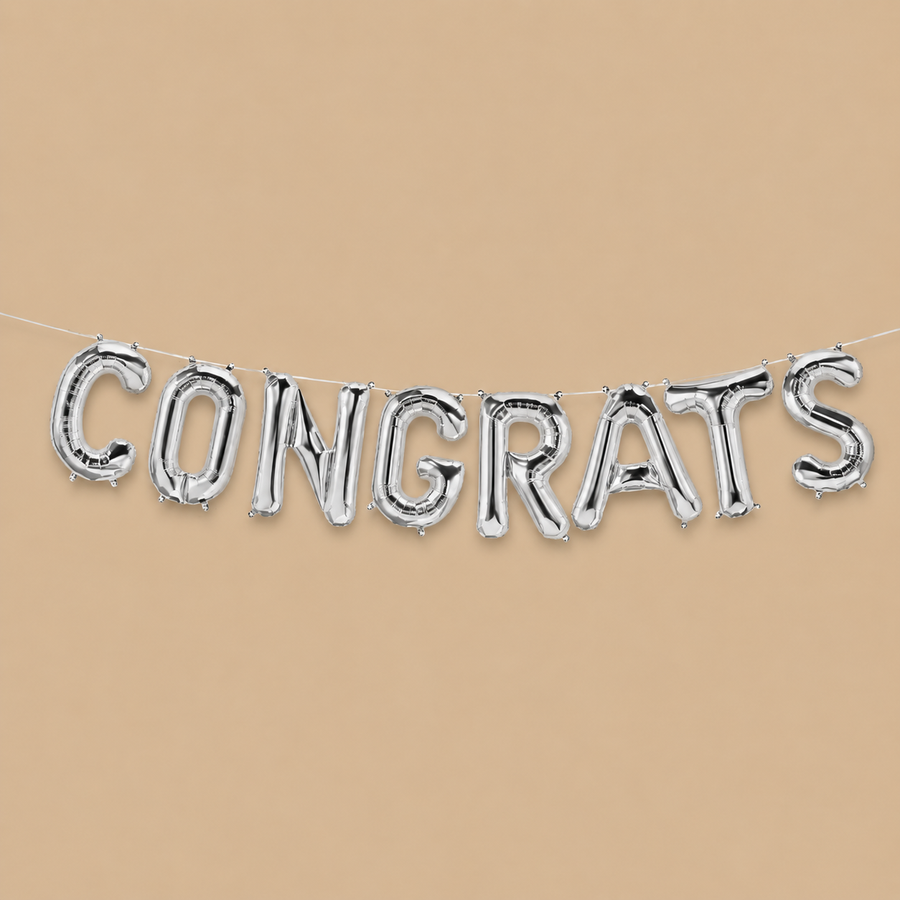 Silver “CONGRATS” Foil Letter Balloon Banner – 14 Inch